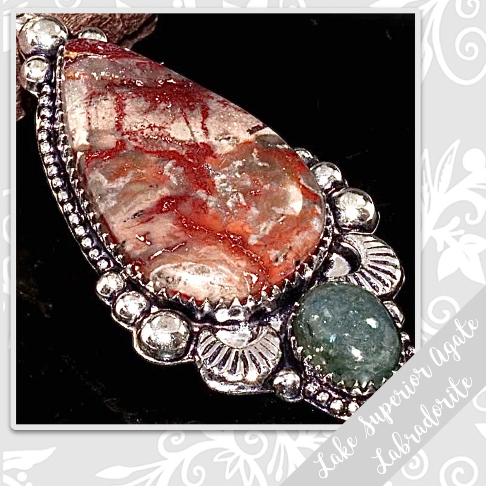 Lake Superior Agate, Labradorite Large Southwest-Style Silver Necklace, 18โ Red - Picture 2 of 2